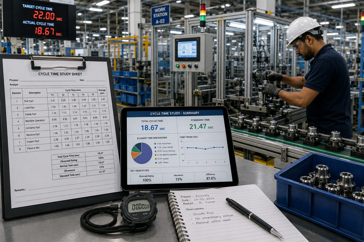 A production station being timed and analysed, with cycle data displayed alongside the equipment.