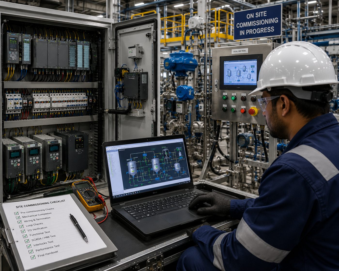 An engineer commissioning a plant from a laptop beside a control cabinet and local HMI panel, working through a site commissioning checklist.