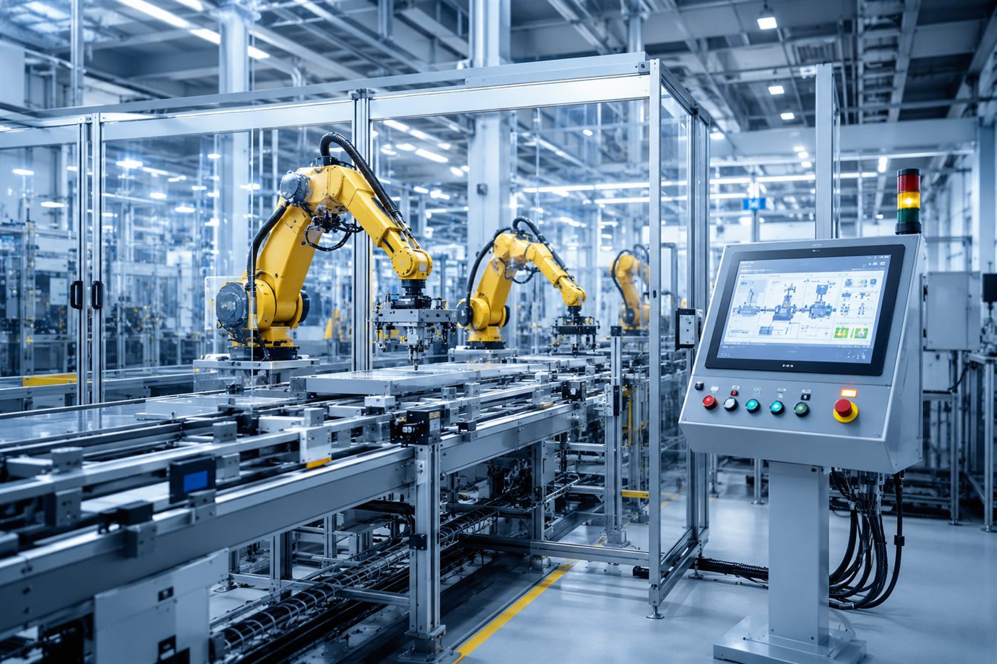 A complete automated production line with robot cells, conveyors and control cabinets installed on a factory floor.